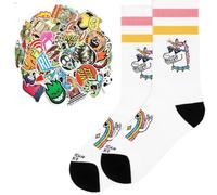 American Socks Chaussettes Mid High Chaussettes tubulaires de sport Tennis Basketball Skateboard One Size + 10 Stickers Skate Tattoo, Licorne + sticks, Taille Unique