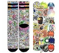 American Socks Chaussettes Signature Series Chaussettes de sport colorées dessinées tubulaires basket Skate Original + pack 10 autocollants aléatoires, Doodle + stick, L
