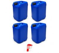 American Style - Lot de 4 Bidons Plastique 25 litres avec Bouchon DIN 51 et 1 Robinet Verseur - Jerrican PEHD Bleu 29,5 x 24,3 x 46,4 cm - 100 L au Total - Eau, Usage Alimentaire et Chimique