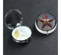 American Wastern Texas Star Pilulier rond à 3 compartiments - Joli pilulier de voyage portable - Organiseur de vitamines en métal pour homme et femme - Cadeau unique