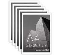 Americanflat Cadre Photo A4 Blanc - Cadre A4 avec Bordure Fine, Vitre Antichoc, Chevalet et Matériel de Suspension Intégré pour Mur et Surface Plane - Lot de 5