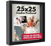Americanflat Cadre Profond avec Vitre pour Objet 25x25 cm Noir - Cadre 3D en Bois MDF avec Verre Antichoc et Matériel de Suspension Inclus - Suspension Murale ou Présentation sur Table