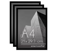 Americanflat Lot Cadre Photo A4 Noir - 3 Cadres Photo à Bordure Fine - Vitre Antichoc - Chevalet & Matériel de Suspension Intégré pour Mur et Surface Plane - Suspension Horizontale ou Verticale