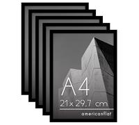 Americanflat Lot Cadre Photo A4 Noir - 5 Cadres Photo à Bordure Fine - Vitre Antichoc - Chevalet & Matériel de Suspension Intégré pour Mur et Surface Plane - Suspension Horizontale ou Verticale
