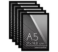 Americanflat Lot Cadre Photo A5 Noir - 5 Cadres Photo à Bordure Fine - Vitre Antichoc - Chevalet & Matériel de Suspension Intégré pour Mur et Surface Plane - Suspension Horizontale ou Verticale