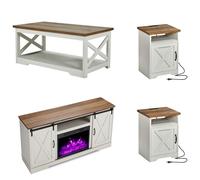 AMERLIFE Ensemble de table de ferme 5 pièces comprenant un support TV, une table basse et deux tables d'appoint avec station de charge et ports USB, pour salon, blanc vieilli, 160 cm