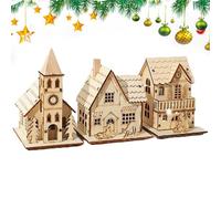 Amesor 3 Pièces Ornement De Cabine Lumineux en Bois, Maison Village De Noel Miniature LED, Ensemble D'artisanat De Cabine De Noël en Bois pour Salon, Bureau, Chambre À Coucher, Hall D'entrée, Fenêtre