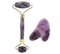 Amethyst Roller, Rouleau de pierre de jade à double tête en améthyste naturelle et kit d'outils de massage du visage pour plaque de grattage Guasha, pour la peau, les yeux, le cou