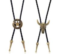Amexo Cravate Bolo en Cuir, 2 Pièces Cowboy Occidental Cravate Réglable Collier de Crâne de Vache, Collier Bolo en Cuir Accessoires de Costume Bolo Tie pour Homme Femme