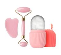 Amexo Kit Rouleau de Massage Visage et Gua Sha - Outil de Soin de Peau Anti-âge, Ice Roller pour le Visage et les Yeux, Pierre Naturelle pour Dégonflement, Réduire les Rides et le Double Menton (Rose)