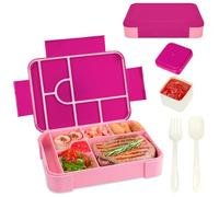 AMFUN 1330ML Anti-Fuite Lunchbox Bento Box avec Couverts, Lunch Box Enfant Set avec 7 Compartiments et 1 Récipient pour Vinaigrette pour Ecole, Travail, Pique Nique (Rose)