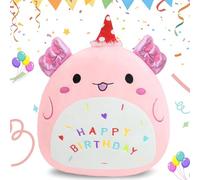 AMFUN 22cm Joyeux Anniversaire Animal en Peluche, Mignon Anniversaire Chat Peluches pour Les Anniversaires, Noël, Les Fêtes et Autres Cadeaux (Rose)