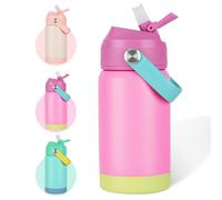 AMFUN Bouteille d'eau Isotherme pour Enfants, 350ML Gourde Isotherme pour Enfants avec Paille, Motif Anti-rayures Avec Poignée, Sans BPA, pour Boisson Chaude ou Froide pour Garçons Filles(Rose Rouge)