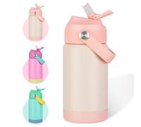 AMFUN Bouteille d'eau Isotherme pour Enfants, 350ML Gourde Isotherme pour Enfants avec Paille, Motif Anti-rayures Avec Poignée, Sans BPA, pour Boisson Chaude ou Froide pour Garçons Filles(Rose Pâle)