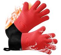 AMFUN Gants de Barbecue, Gants de Four Résistant à la Chaleur Silicone, Gants de Four Anti-Chaleur pour BBQ/Four/Gril/Cheminée/Cuisson au Four (Rouge - Long)