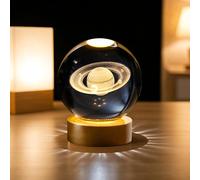 AMFUN Veilleuse Boule de Cristal 3D, Boule de Cristal Veilleuse Saturne avec LED Base en Bois, pour Enfants Cadeaux d'astronomie, Décoration de Chambre