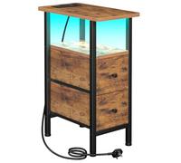 AMHANCIBLE Table de chevet fine avec lumière LED, table d'appoint étroite avec station de charge, petite table d'extrémité avec 2 tiroirs en tissu, table de nuit pour petits espaces, salon, chambre à