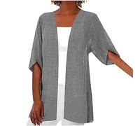 AMhomely Cardigan d'été pour femme - Manteau en coton et lin - Grande taille - Ouvert sur le devant - Vêtement d'extérieur uni à manches longues - Manteau ample et smocké - Veste flottante pour les