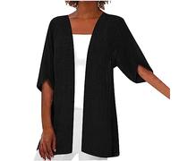 AMhomely Cardigan d'été pour femme - Manteau en coton et lin - Grande taille - Ouvert sur le devant - Vêtement d'extérieur uni à manches longues - Manteau ample et smocké - Veste flottante pour les