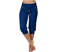 AMhomely Pantalon court pour femme, pantalon de yoga 3/4 avec taille élastique et cordon de serrage - Pantalon capri en coton doux pour entraînement, athlétique, décontracté, coupe ample avec poches