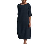 AMhomely Robe de plage pour femme - Robe d'été en lin - Grande taille - Manches courtes - Style décontracté - Robe trapèze à manches mi-longues - Col rond - Élégante robe pull de vacances, Bleu marine