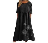 AMhomely Robe d'été en lin pour femme - Robe d'été longue en coton tropical - Grande taille - Robe de plage vintage imprimée - Robe trapèze élégante - Col rond - Robe trapèze décontractée, 01 Noir, M