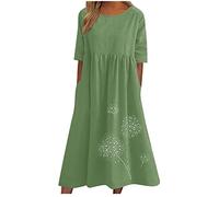 AMhomely Robe d'été en lin pour femme - Robe d'été longue en coton tropical - Grande taille - Robe de plage vintage imprimée - Robe trapèze élégante - Col rond - Robe trapèze décontractée, Vert (01),