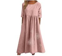 AMhomely Robe d'été en lin pour femme - Robe d'été longue en coton tropical - Grande taille - Robe de plage vintage imprimée - Robe trapèze élégante - Col rond - Robe trapèze décontractée, Rose (01),