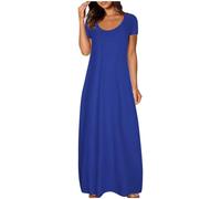 AMhomely Robe d'été longue pour femme, style bohème, col rond, manches courtes, robe de plage décontractée, ample, couleur unie, surdimensionnée, douce et confortable, 03- Bleu, 3XL