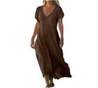 AMhomely Robe longue d'été fluide à manches courtes et col en V taille haute Aline Boho à volants décontractée et ample pour femme, Marron (01), S