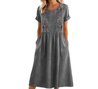 AMhomely Robe midi en coton et lin brodé à col rond et manches courtes avec poches pour femme Taille S à XXL
