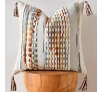 AmHoo Housse de Coussin décorative tissée à Rayures texturées de Style bohème esthétique avec Pompons, pour canapé, lit, Sofa, Chambre à Coucher, Moderne, Funky, 45,7 x 45,7 cm, Marron