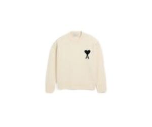 Ami Paris - Pull Col Rond Quota avec Ami de Coeur Contrasté - Femme - Pulls - Beige - Taille: 40 FR