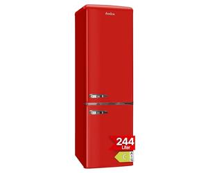 Amica Réfrigérateur autonome rétro avec congélateur - 244 l - Éclairage LED - Étagères en verre chromé - Grille à bouteilles - 181 x 55 x 62 cm - Rouge - Réfrigérateur combiné