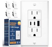 Amico Lot de 4 prises USB 6,0 A, 15 A, 3 ports, 2 types C et 1 type A | Certifié ETL, max 30 W, inviolable (TR), plaque murale incluse, charge rapide à 3 ports pour la maison ou le bureau