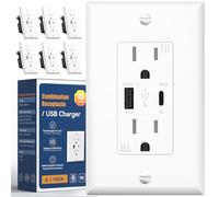 Amico Lot de 6 prises USB 4,2 A, 2 ports, 1 type C et 1 type A, 15 A, blanc | Certifié ETL, max 21 W, inviolable (TR), plaque murale incluse, charge rapide à 2 ports pour la maison ou le bureau