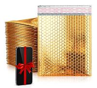 Amiff Enveloppes à bulles 6 x 9 cm Lot de 25 enveloppes de coussin dorées métalliques. Dimensions extérieures : 7 x 9 cm. Emballage cadeau à paillettes, envoi. Ultra résistant, auto-adhésif.