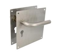 Amig - Jeu de poignées avec plaque pour porte | Poignée avec serrure à clé à 47 mm | Mod. 4CB47 | Acier inoxydable 18/8 | 180 x 180 mm | Carré de 8 mm | Argenté mat