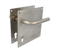 Amig - Jeu de poignées avec plaque pour porte | Poignée avec serrure à clé à 85 mm | Mod. 4CB85 | Acier inoxydable 18/8 | 180 x 180 mm | Carré de 8 mm | Argenté mat