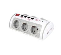 Amig - Multiprise 6 Prises Schuko | Protection Surtensions & Surchauffe | Interrupteur | 2 Prises USB 1A | Câble 1,4m 3G | Multiprise Fine Plate | Interrupteur Extérieur, Blanc/Gris, Polypropylène