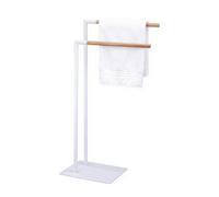Amig - Porte-Serviettes sur Pied Blanc avec Barres en Bois - Support Double pour Serviettes de Bain - Style Minimaliste avec Base métallique Stable - sans perçage