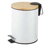 Amig - Poubelle de salle de bain à pédale 3 litres - Couleur blanche et bambou - Ouverture hygiénique sans contact - Ø16,8 x 23 cm - Acier inoxydable laqué