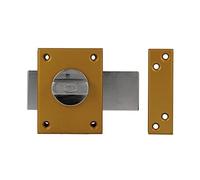 Amig - Serrure à chevauchement avec levier de verrouillage et manchette intérieure pour portes en bois Mod. 85 | 85 x 65 mm | Loquet avec cylindre rond pour la sécurité | Acier émaillé doré