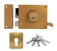 Amig - Serrure à chevauchement gauche avec levier de verrouillage, languette et poignée pour portes en bois Mod. 73 | 100 x 85 mm | Loquet avec cylindre Europrofile | Acier doré