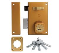 Amig - Serrure à chevauchement gauche avec levier de verrouillage, languette et poignée pour portes en bois Mod. 75 | 67 x 112 mm | Cylindre de sécurité rond | Acier doré