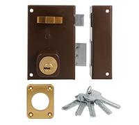 Amig - Serrure de surposition droite avec levier de fermeture, langue et poignée pour portes en bois Mod. 75 | 72 x 112 mm | Cylindre rond de sécurité | Acier Marron