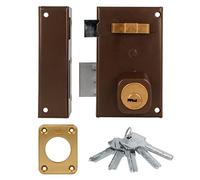 Amig - Serrure de suralimentation gauche avec levier de fermeture, languette et poignée pour portes en bois Mod. 75 | 67 x 112 mm | Cylindre Rond de Sécurité | Acier Marron