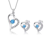AMIGUO Ensemble De Boucles d'oreilles Collier avec Pendentif Coeur pour Femmes, Parure De Bijoux en Argent Massif Cadeau pour Elle (bleu zircone)