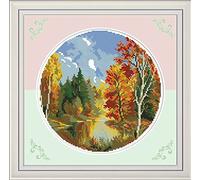 Amiiba Kit de broderie au point de croix estampé, Maple Forest Lake District Saison d'automne DIY 11CT 35,8 x 35,8 cm (automne)