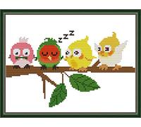 Amiiba Kit de broderie au point de croix estampillé - Oiseaux sur l'arbre - DIY - 11 carats - 33,8 x 24,9 cm - Oiseau